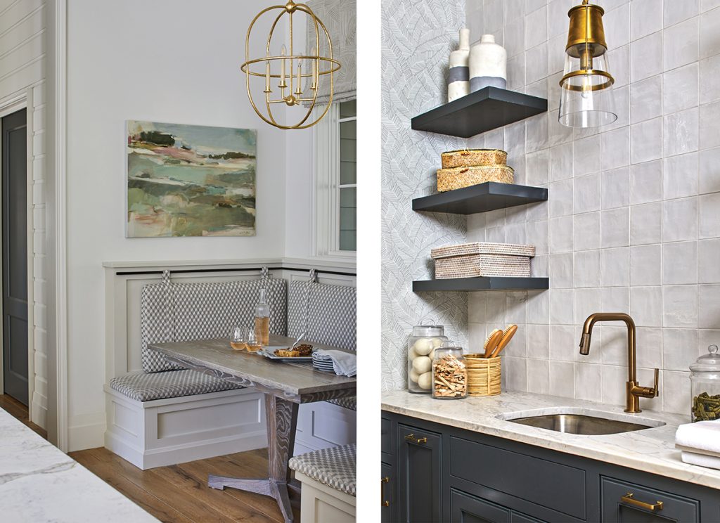 kitchen banquette and tile in laundry room