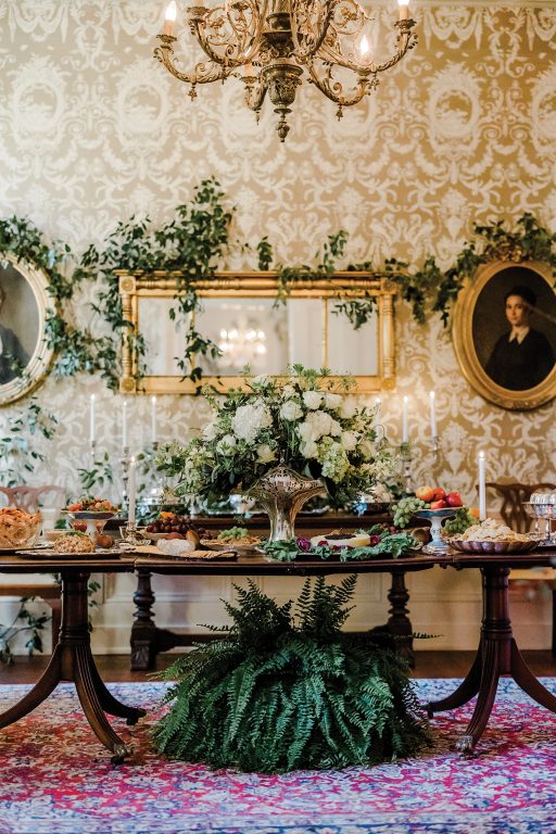 Elaborately decorated dining room in an historical home