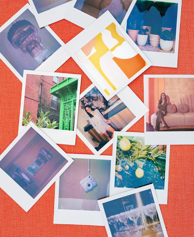 Poloroid photos scattered on an orange tablecloth