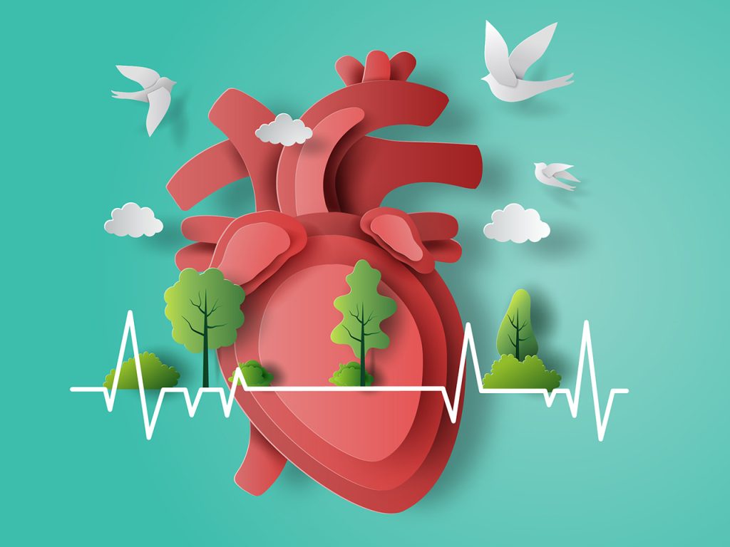 illustration of a heart, trees, clouds and doves