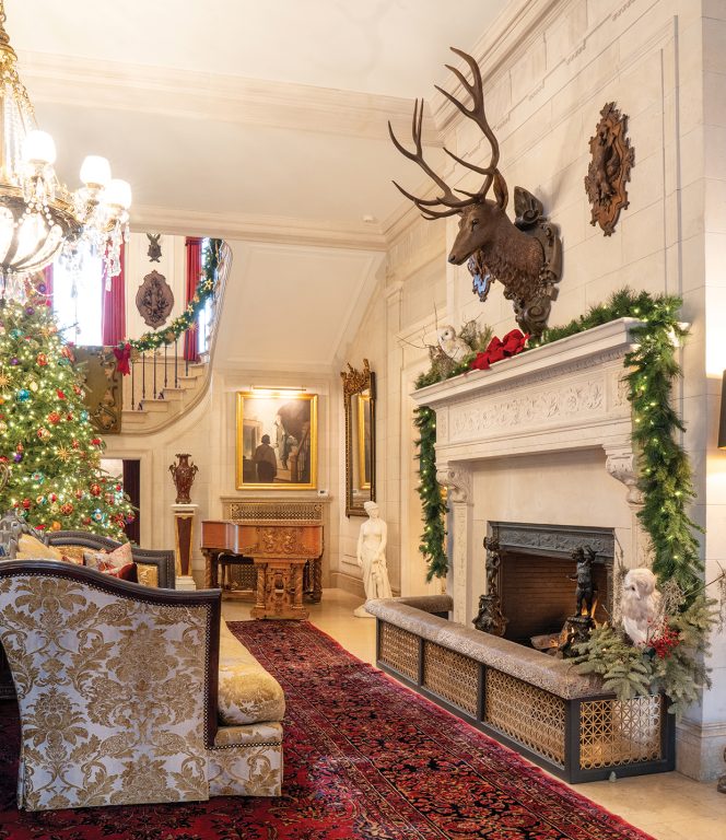 A fireplace decorated with garland