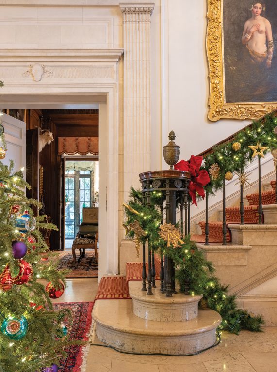 Garland winding around a staircase railing